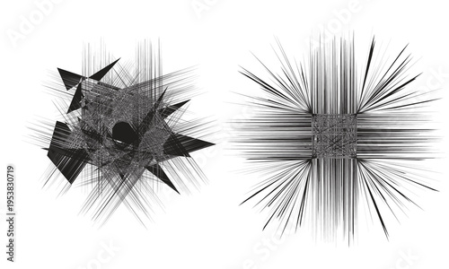 Abstract black and white background featuring a black hole on paper with a decorative winter snowflake pattern and star element illustration