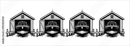 Row of boat house icons with docked yachts in black and white vector silhouette