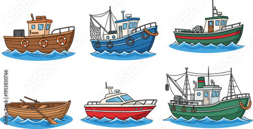 Colorful cartoon illustration of six different boats including fishing vessels, rowboat, speedboat, and trawler, artwork concept for watercraft, transportation, fishing, recreation, 
