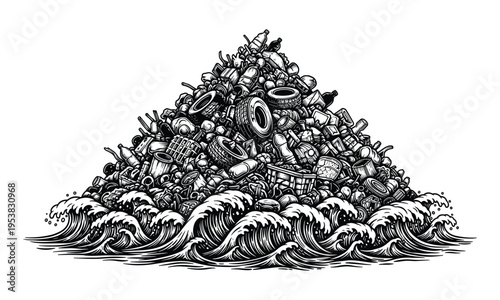 Ocean pollution vector art showing large pile of trash floating on water waves