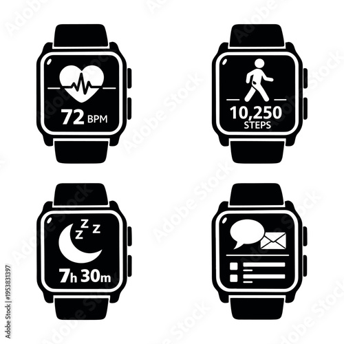 Smartwatches displaying health metrics like heartbeat, daily steps, sleep duration, and incoming messages on a digital screen