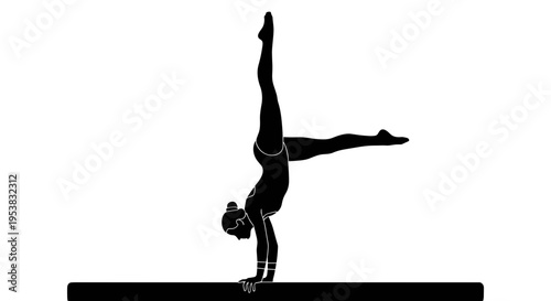 Woman doing handstand on balance beam.
