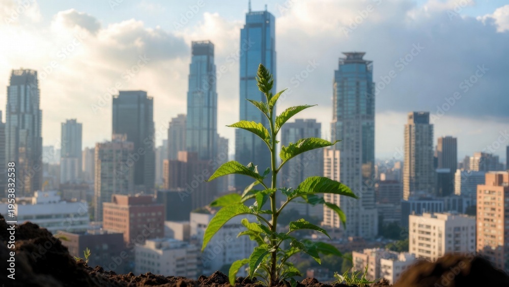 Obraz premium Single plant silhouetted against city skyline at golden hour