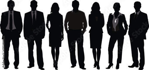 Business team silhouettes of men and women in formal suits standing together, corporate professionals isolated on white background representing leadership, teamwork and workplace diversity concept