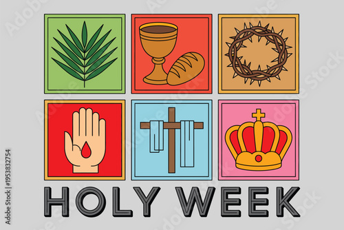 Six colorful representing Holy Week symbols palm branch