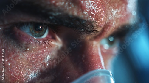 Extreme close-up of a person's eye and face covered in sweat after intense physical exertion
