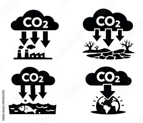 CO2 cloud emitting greenhouse gases causing environmental pollution from industrial factories, leading to drought and harming marine life