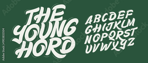 Young Modern Handwritten Font Logo Alphabet Handdrawn Letter Set Calligraphic Typography, Brush Lettering Typographic Design for Cool Title, Tee Print, Youthful Headline and Logotype. Vector Typeface.