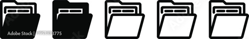 Black and white folder icons set with documents representing file management storage organization data archive office paperwork and digital record keeping