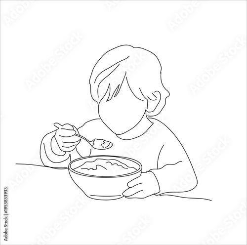 child is holding a spoon to eat. continuous line drawing