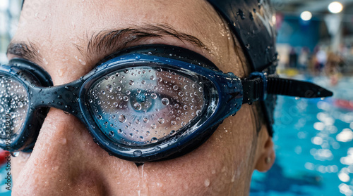 Swimmer in goggles standing by pool with water drops