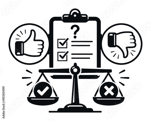 Scale balancing checkmark and cross symbols. Clipboard with checklist icon, question mark, like, and dislike thumbs