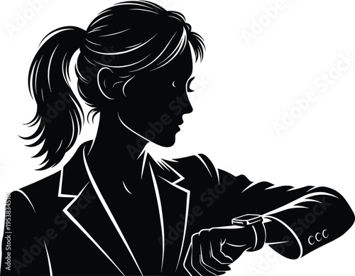 Businesswoman silhouette checking wristwatch, professional woman in formal suit looking at time, corporate deadline and time management concept isolated on white background illustration