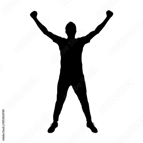 Silhouette of a cheering soccer and football fan with raised hands, isolated