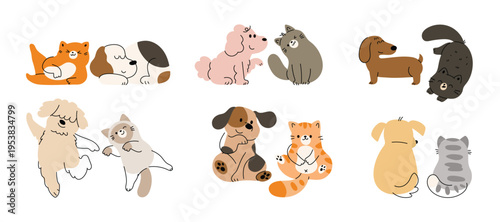 Collection of playful cat and dog with smiling, running and jumping. Flat doodle cartoon vector illustration.
