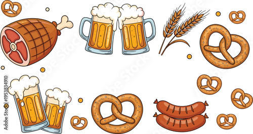 Oktoberfest Food and Beer Icons Set Pretzel Sausage Ham Wheat Beer Mug Vector Illustration