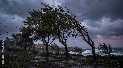 Coastal cottage weathering a severe storm with strong winds