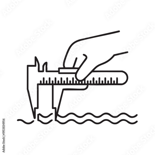 A hand measures the depth of water with a vernier caliper at a lake shore.