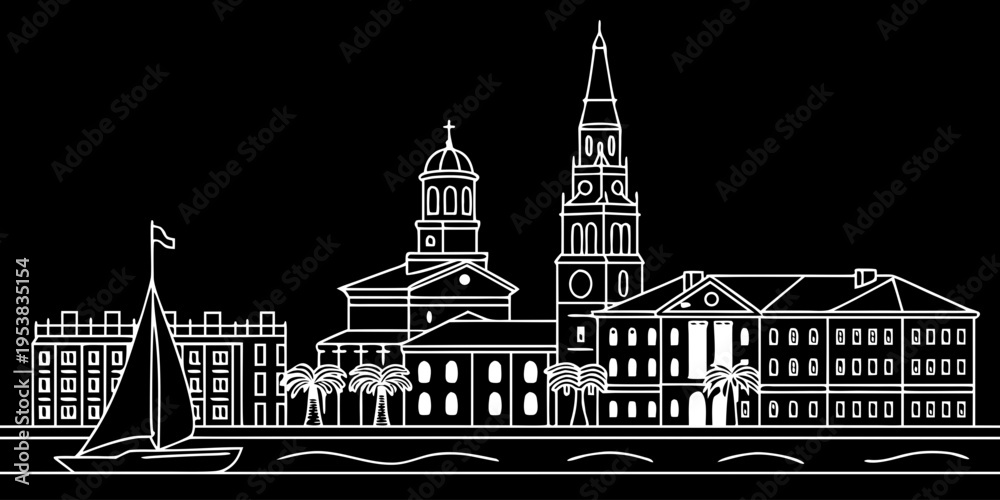 Naklejka premium USA, US, U.S, United States - Charleston skyline minimal svg historic architecture simple vector 