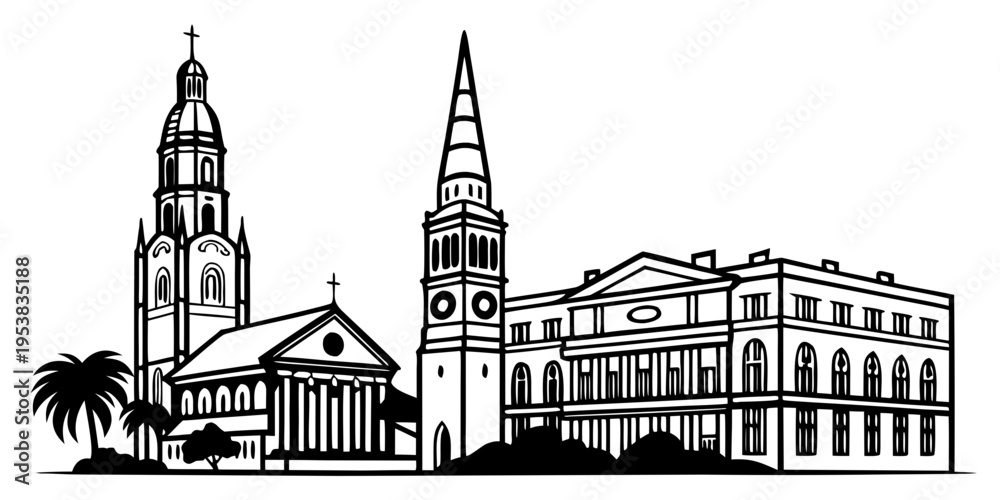 Fototapeta premium USA, US, U.S, United States - Minimal Charleston South Carolina Skyline – Historic Architecture Clean Line Art SVG Vector Design | USA US U.S United States City Outline Illustration