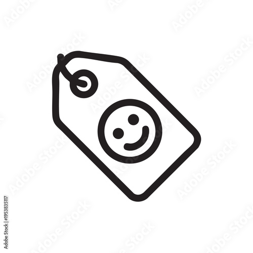 An illustration of a smiling tag with a hole and a loop, conveying a positive emotion through a simple line drawing.