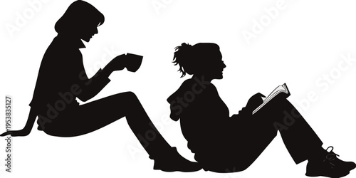 Two Women Sitting Relaxing Reading and Drinking Coffee Silhouette Vector