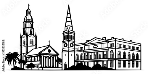 USA, US, U.S, United States - Minimal Charleston South Carolina Skyline – Historic Architecture Clean Line Art SVG Vector Design | USA US U.S United States City Outline Illustration