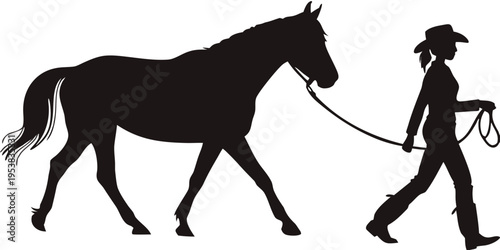 Cowgirl Walking Horse Side Profile Silhouette Vector with Hat and Lead Rope
