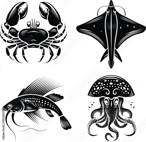 Marine life vector illustration crab manta ray catfish jellyfish ocean animal sea creature aquatic silhouette underwater design art
