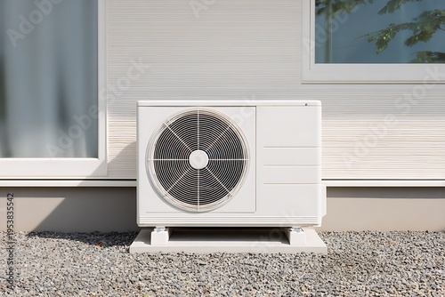 Modern white outdoor air conditioner unit installed on a residential house wall