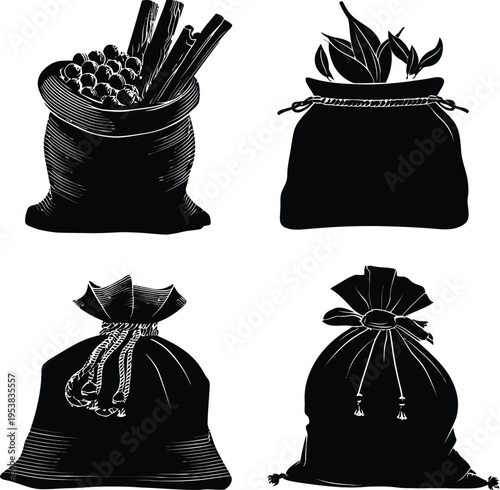Natural storage vector illustration drawstring bags spices herbs seeds rope decorative pouch traditional container silhouette art