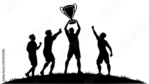 Winning Team Celebrating Victory Holding Championship Trophy Silhouette Vector