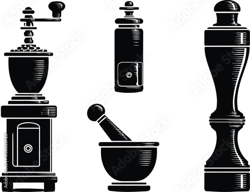 Kitchen grinding vector illustration coffee grinder spice grinder mortar pestle pepper mill culinary tool cooking preparation art