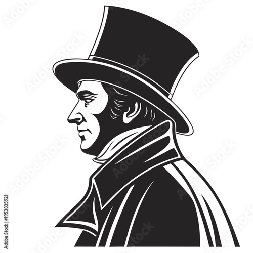 Black Silhouette of a Man wearing a Vintage Top Hat and Overcoat, Front View Vector Icon