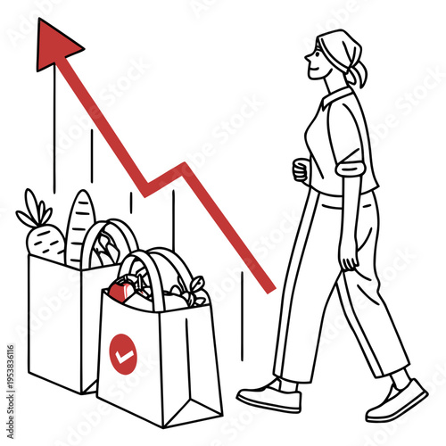 Woman walking with shopping bags and mixed trend arrow