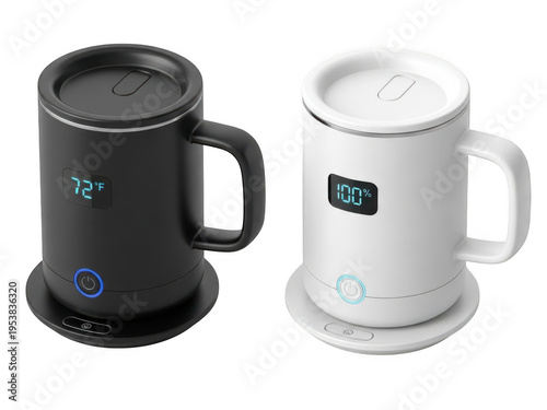 Two modern travel mugs with blue and white color schemes on a white background