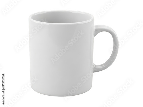 A pristine white ceramic coffee mug with a smooth, glossy finish and a sturdy handle.