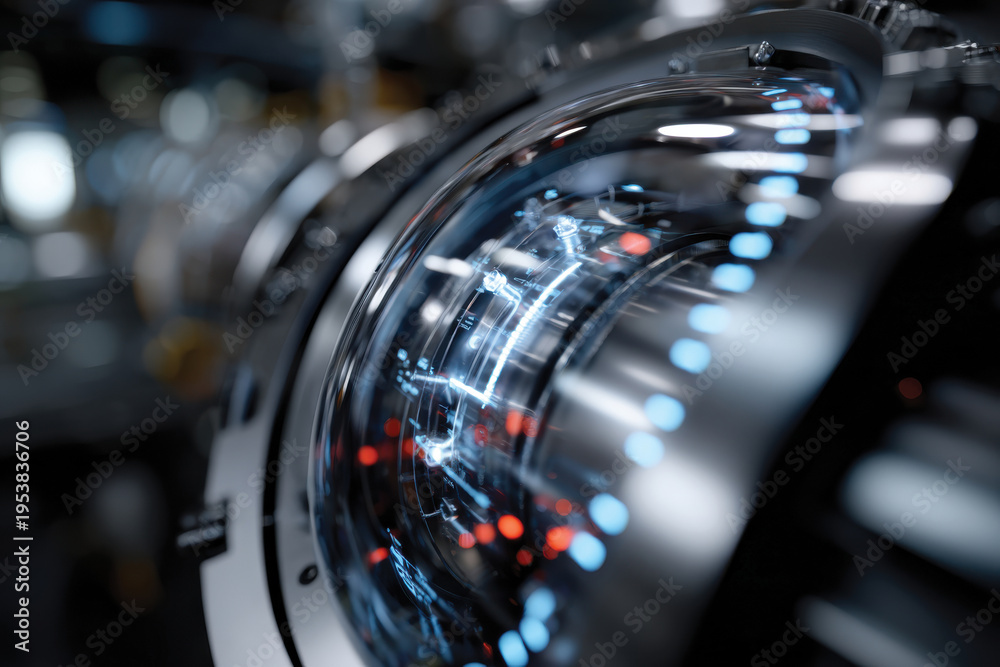 Fototapeta premium An intricate close-up view of a futuristic tech display, illuminated with vibrant LEDs, representing advanced engineering and the complexity of modern technology.