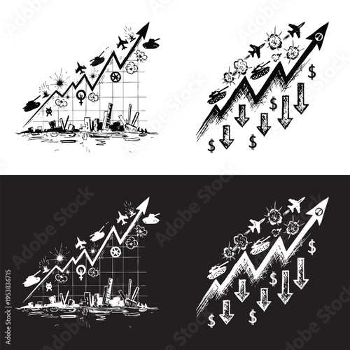 Economy War Concept Abstract Explosion Shape Black White Hand Drawn Sketch Isolated Transparent Background