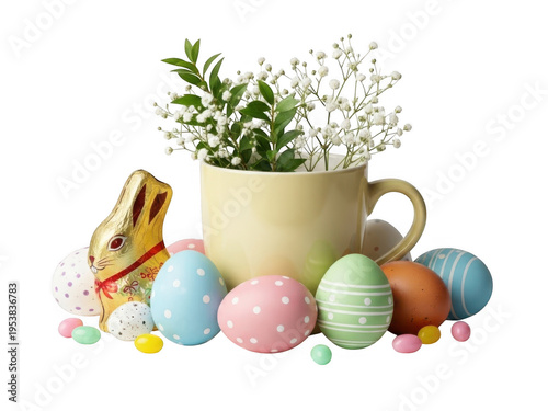 A collection of colorful easter eggs and a vase with flowers on a white surface