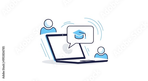 Conceptual illustration depicting remote online education, e-learning, or a virtual classroom experience with students connecting via a laptop for academic studies and knowledge sharing