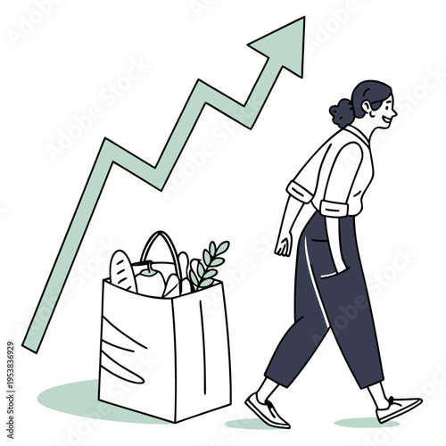 Woman walking with grocery bag and rising graph shopping
