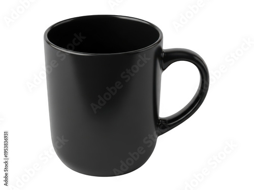 A sleek black ceramic coffee mug with a handle, set against a plain backdrop.