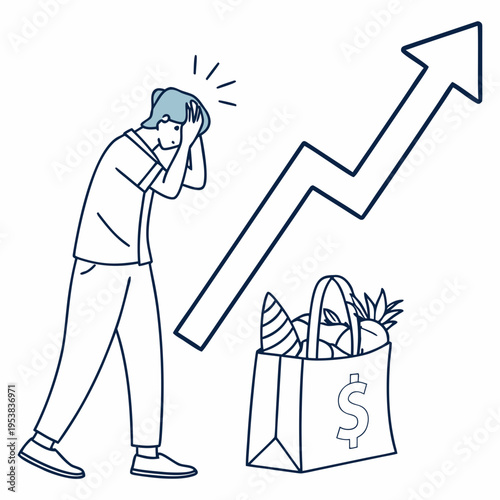 Person stressed with grocery bag and rising graph frustrated