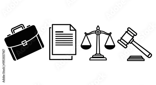 Legal and Business Icons Set with Briefcase Document Scales and Gavel
