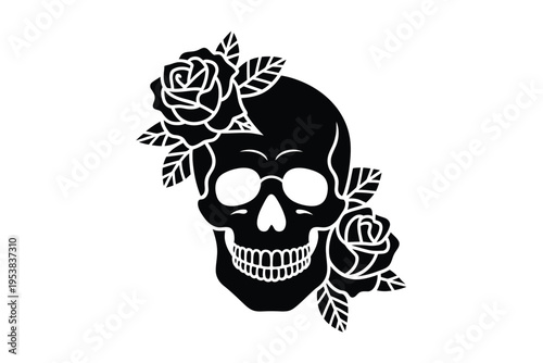 Black skull adorned with roses a striking and symbolic illustration