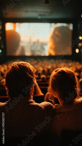 Couple enjoying movie date in cinema. Man and woman watching screen together. Romantic moment leads to tender kiss in theater seats.