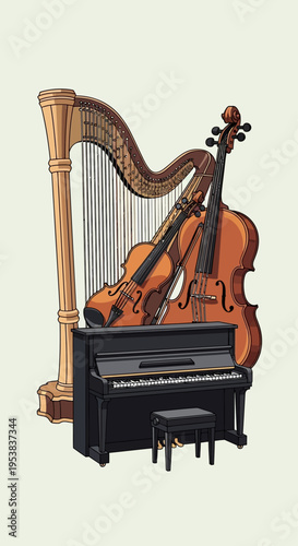 Classical Musical Instruments Composition with Harp Piano and Stringed Instruments