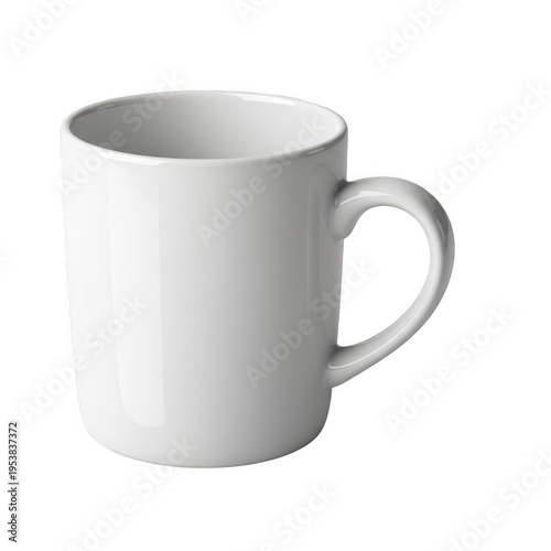 A simple white ceramic mug with a handle, showcasing its smooth texture and clean design.