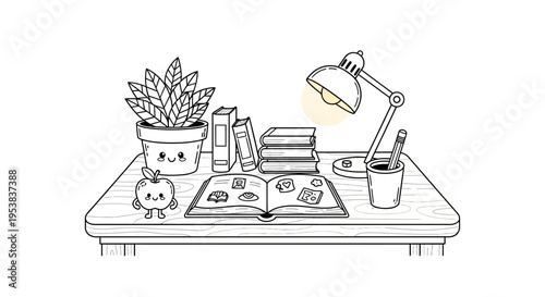 Cute Kawaii Desk Setup with Books and Plant Illustration